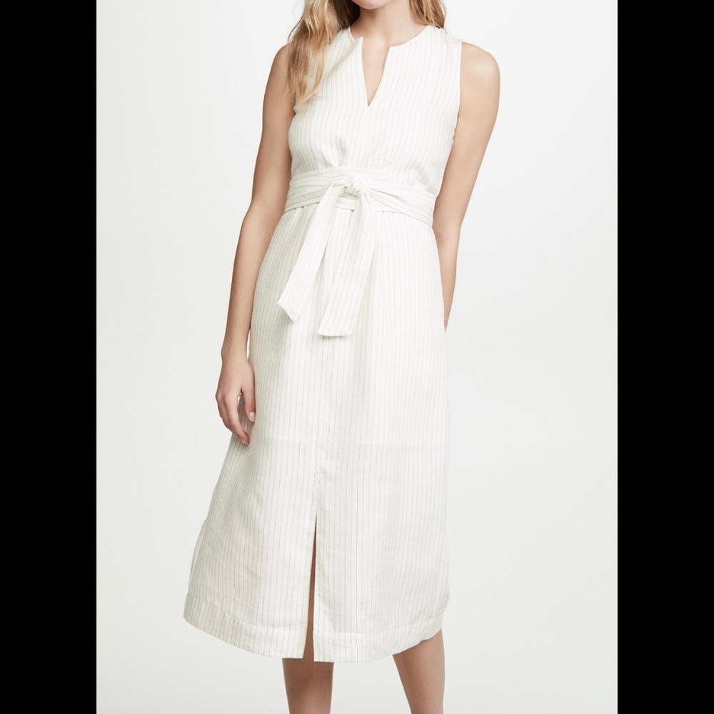 Vince Pinstripe Wrap Waist Sleeveless Dress